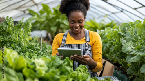 A cheerful Black female farmer uses a tablet to monitor organic vegetable plots inside a nursery, embracing technology to nurture her greenhouse crops with care and enthusiasm