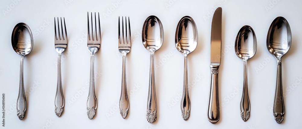 Elegant silver cutlery set displaying spoons, forks, and knives in neat arrangement on white background