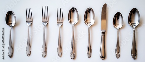 Obraz na płótnie Elegant silver cutlery set displaying spoons, forks, and knives in neat arrangement on white background w salonie