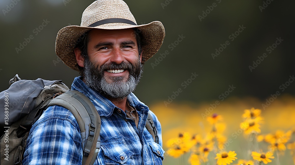 Happy mature man smiles in a field of wildflowers. Happy mature man smiles in a field of wildflowers.