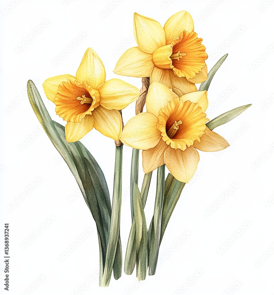 Fototapeta premium Watercolor daffodil flowers in bloom, full spring yellow blossoms with leaves on white background 