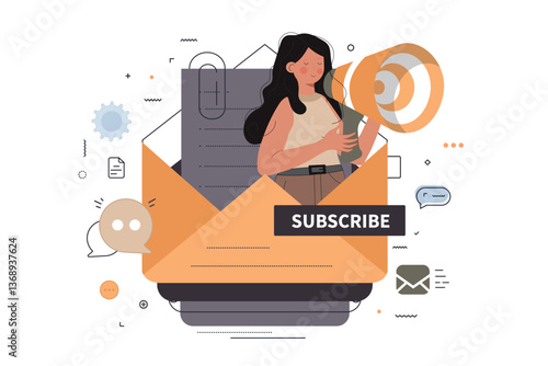 Flat design concept of regularly distributed news publication via e-mail with some topics of interest to its subscribers. Flat vector illustration. Newsletter concept
