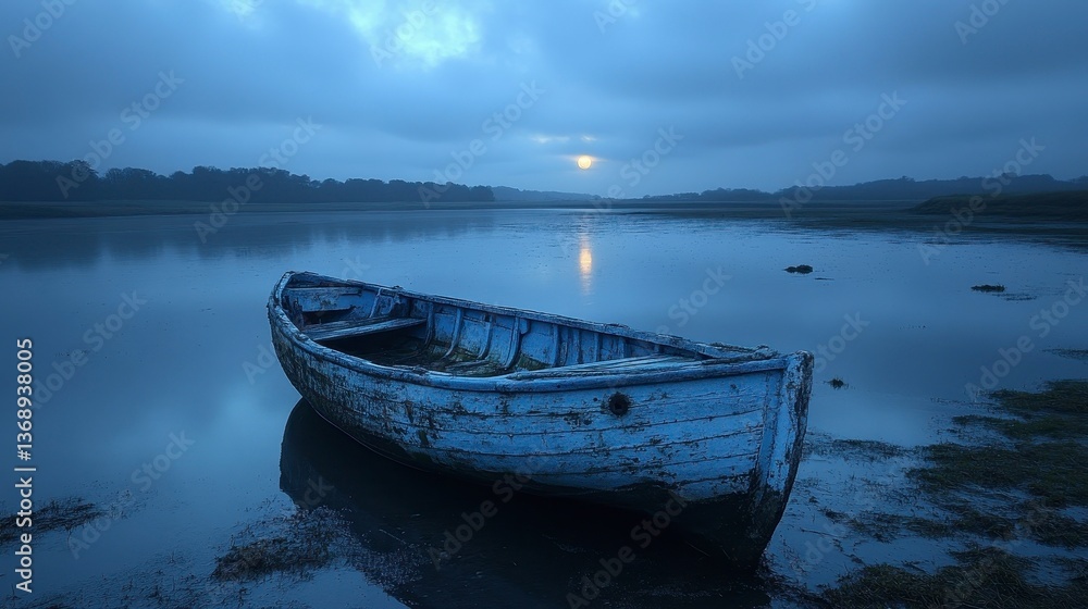 Dreary blue boat rests ashore still waters beneath a somber sky Dreary blue boat rests ashore still waters beneath a somber sky