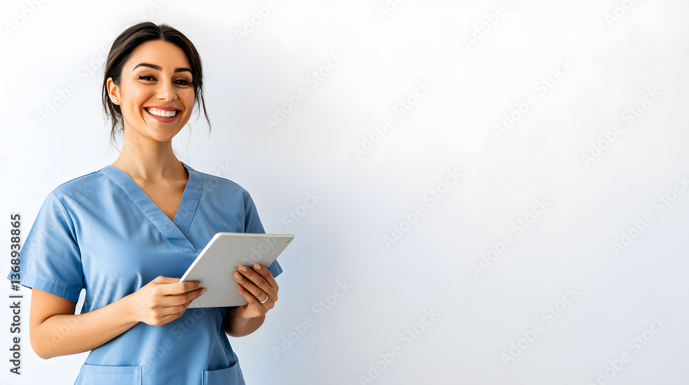 A smiling businesswoman in a blue shirt holding a tablet.
A smiling businesswoman in a blue shirt holding a tablet.