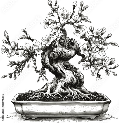 blossoming bonsai sakura cherry tree with delicate flowers and leaves, balance, nature, and artistic growth sketch engraving generative ai vector