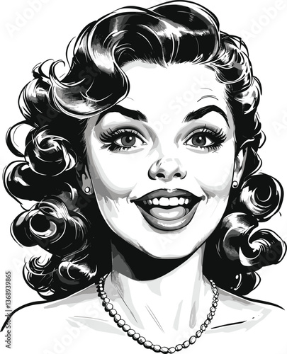 cheerful woman with wavy hair and a pearl necklace, playfully sticking out her tongue and smiling sketch engraving generative ai vector illustration.