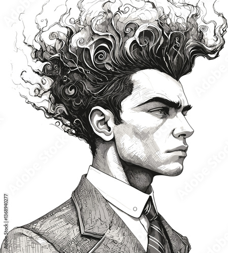 gentleman with an incredibly large, curly hairstyle, blending humor, surrealism, and vintage artistic style sketch engraving generative ai vector illustration.