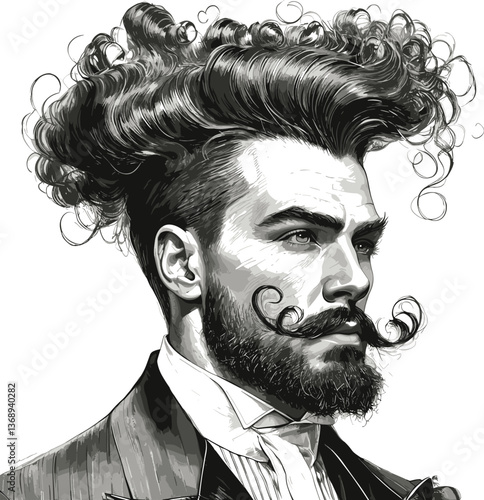 gentleman with an incredibly large, curly hairstyle, blending humor, surrealism, and vintage artistic style sketch engraving generative ai vector illustration.