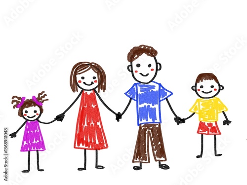 Like children drawing family mother father son daughter illustration drawn with pencils mummy daddy sister brother 