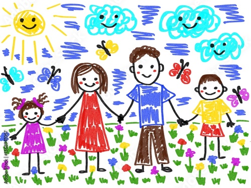Like children drawing family mother father son daughter illustration drawn with pencils mummy daddy sister brother 