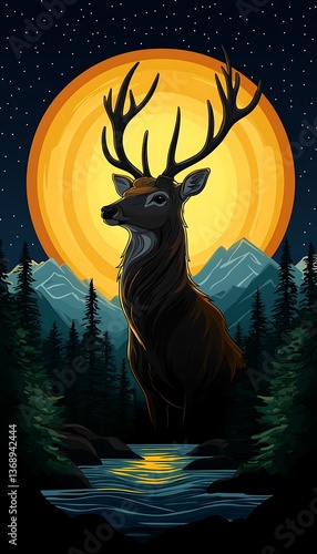 Deer Moonlight Mountain Scene