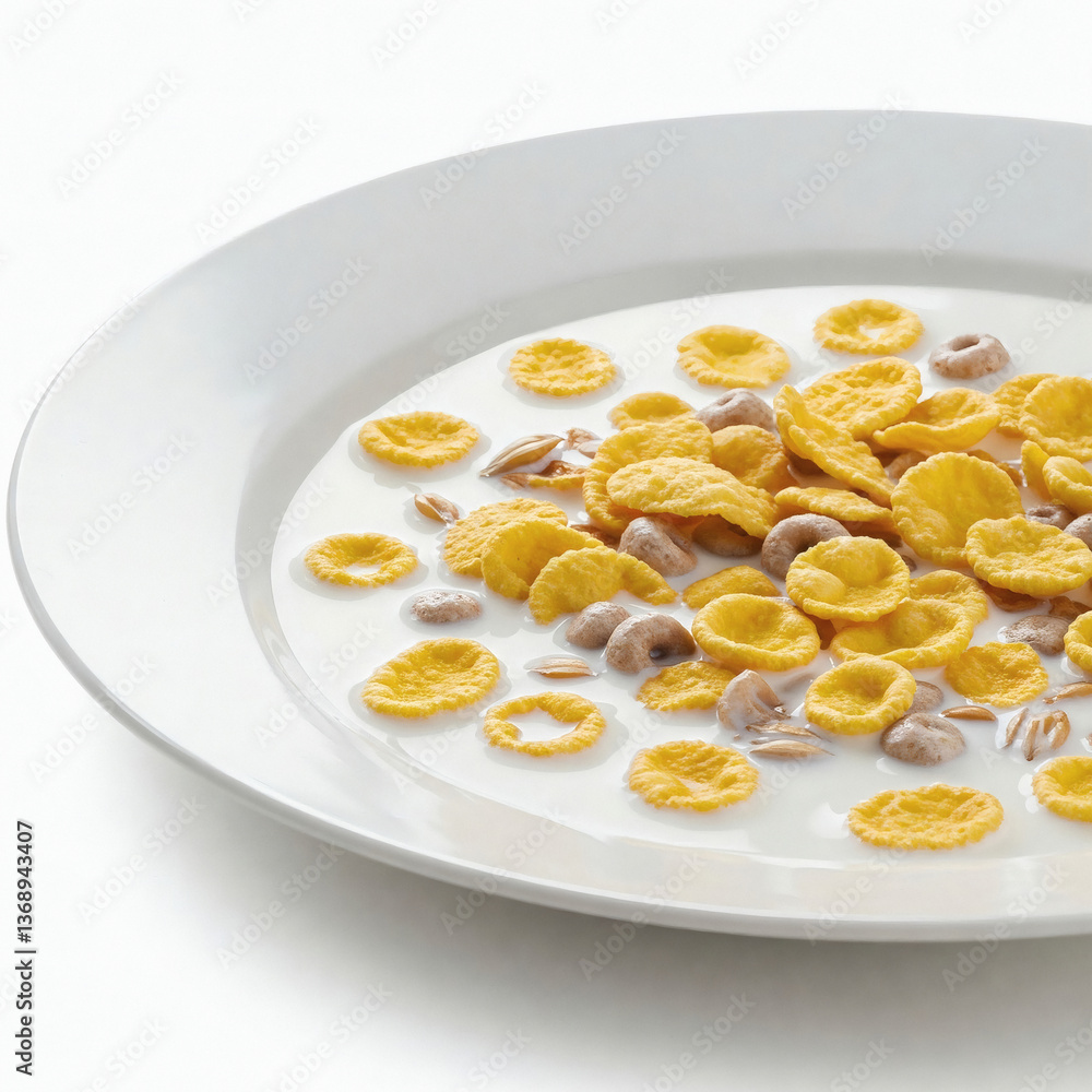 Cornflakes with milk for breakfast isolated on a white background. Cornflakes with milk for breakfast isolated on a white background.