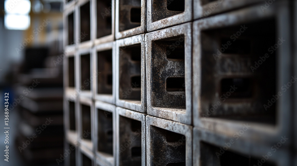 Close up of stacked metal square frames with dark interiors and blurred background in a warehouse Close up of stacked metal square frames with dark interiors and blurred background in a warehouse