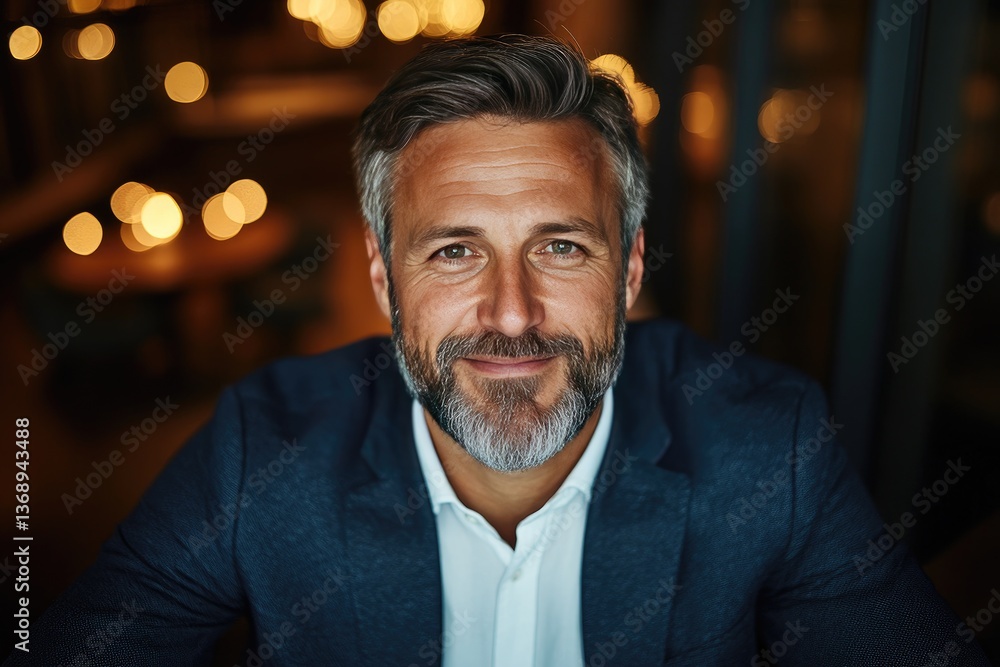 Confident Mature Man with Beard in Stylish Suit in Warmly Lit Modern Setting Confident Mature Man with Beard in Stylish Suit in Warmly Lit Modern Setting