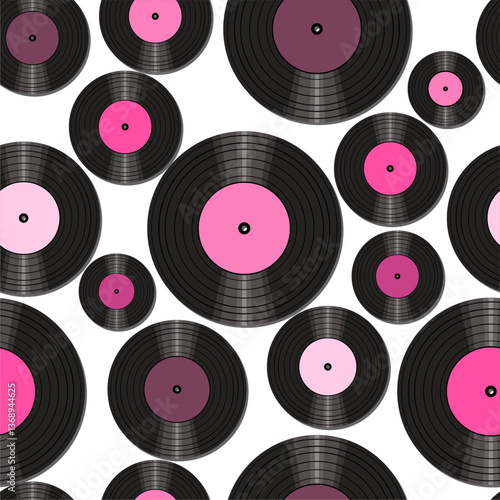 Seamless pattern print wallpaper with vinyl record discs music illustration vector retro style 60s, 70s, 80s, design art background for paper, textile, pack etc.	
