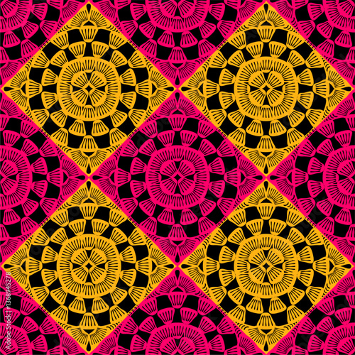 Pattern with crochet granny square wallpaper handmade decorative art design print	