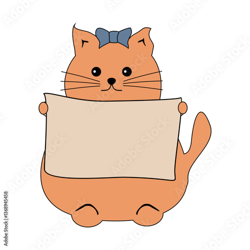 Nice cute funny fat cat with sheet of paper isolated on white vector illustration 