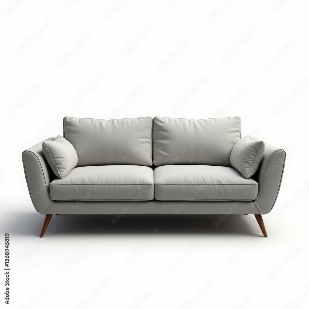 A stylish modern light gray sofa with plush cushions and wooden legs against a clean white background. A stylish modern light gray sofa with plush cushions and wooden legs against a clean white background.