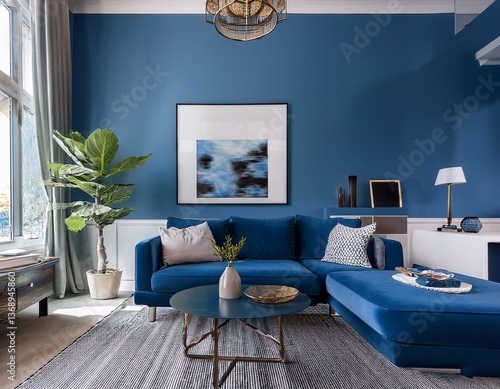 salon avec grand canapé bleu, moderne et cosy, lieu de détente dans la maison en ia et grande vitre