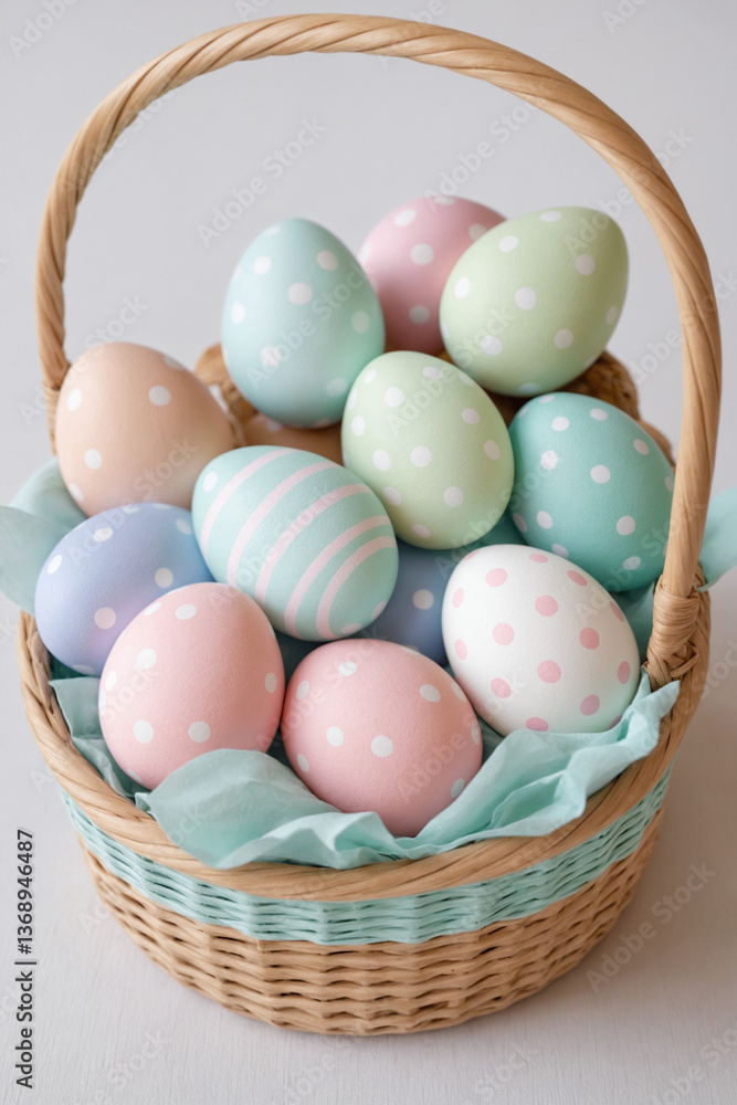 Handwoven wicker basket filled with hand-painted Easter eggs in soft pastel hues Handwoven wicker basket filled with hand-painted Easter eggs in soft pastel hues