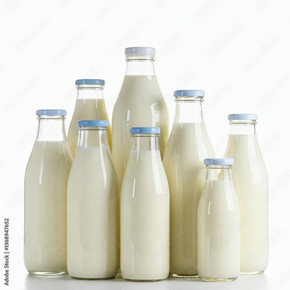 Milk bottles isolated on white background front view. Dairy products. Milk bottles isolated on white background front view. Dairy products.
