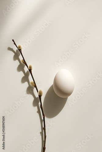 Minimal Easter Still Life with White Egg and Willow Branch in Shadow Play

