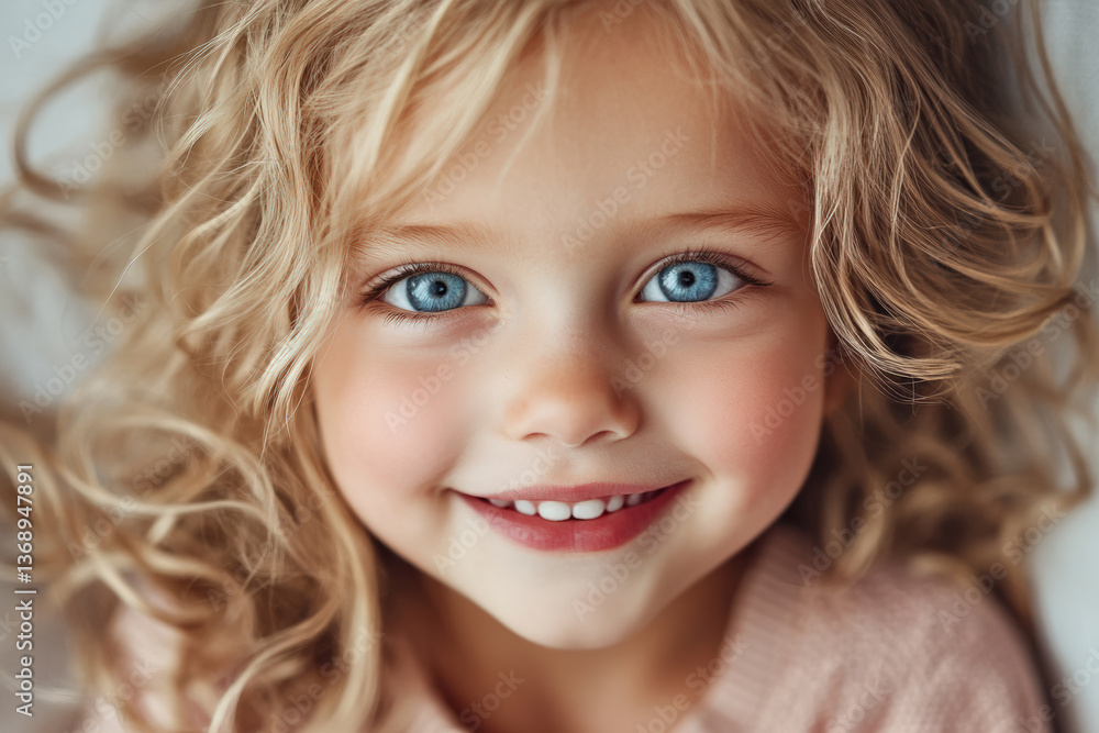 Charming Portrait of a Smiling Young Girl with Blue Eyes and Curly Hair Charming Portrait of a Smiling Young Girl with Blue Eyes and Curly Hair
