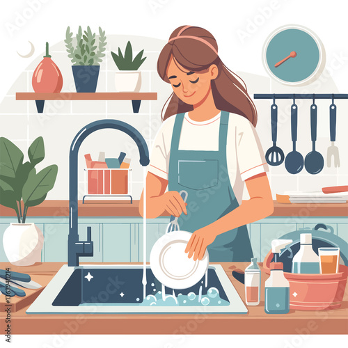 A woman is washing a plate in a sink