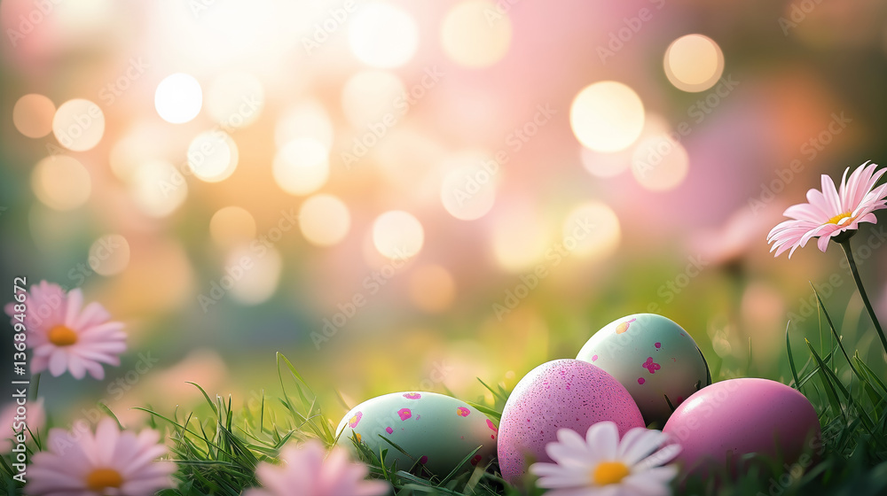 Easter background with colorful eggs on the grass, surrounded by flowers Easter background with colorful eggs on the grass, surrounded by flowers