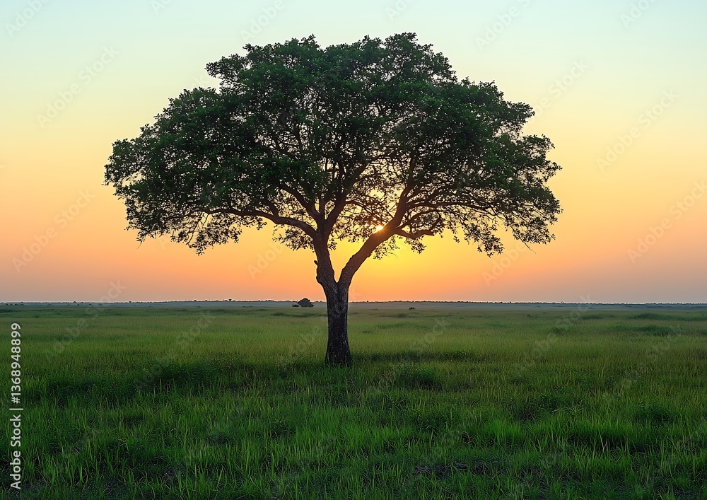 Obraz premium Lone tree silhouetted against a vibrant sunset over a grassy plain.