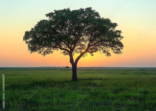 Wallpaper Mural Lone tree silhouetted against a vibrant sunset over a grassy plain. Torontodigital.ca