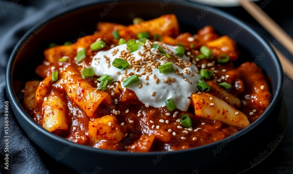 Spicy Korean tteokbokki with sour cream topping Spicy Korean tteokbokki with sour cream topping