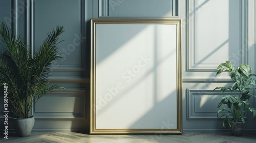 Gold Framed Mockup in Modern Blue-Grey Room