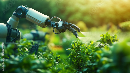 Futuristic robotic farmers automate agricultural processes, efficiently spraying fertilizers or chemicals to enhance productivity in modern farming