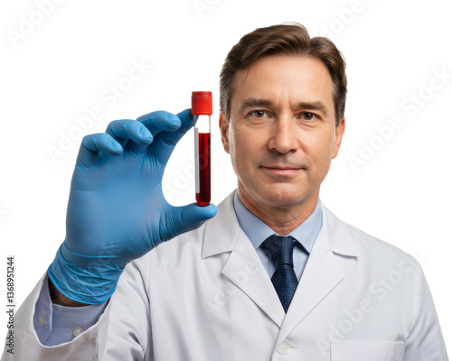 Doctor in Lab Coat Holding Blood Sample Tube with Blue Gloves
