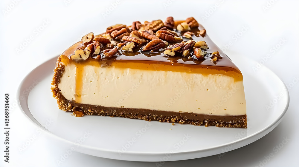 Photo of a Caramel Pecan Cheesecake on a white plate against a white background, a product photography image. Photo of a Caramel Pecan Cheesecake on a white plate against a white background, a product photography image.