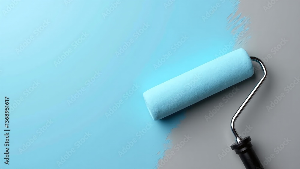 Obraz premium Close-up of paint roller applying fresh color to gray surface, showcasing home improvement and renovation process in action.
