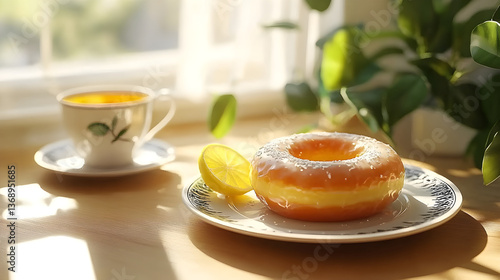 Wallpaper Mural Photorealistic photograph of a doughnut with lemon glaze on an elegant plate, accompanied by the warmth and aroma of tea in front of bright window light, natural sunlight, fresh green plants Torontodigital.ca