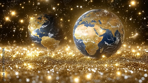 Two golden globes on glittering surface.