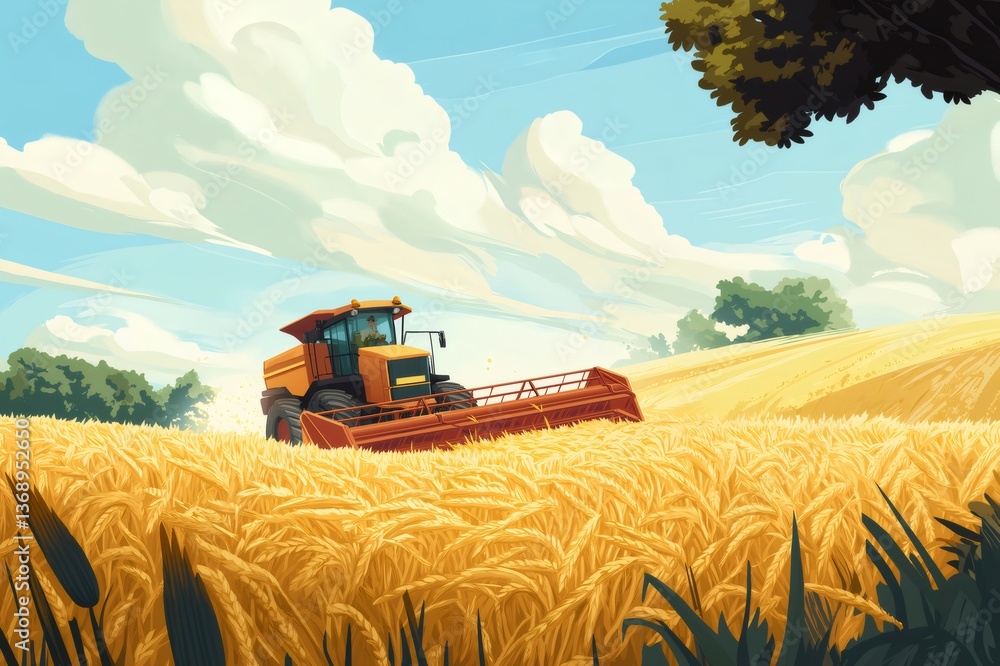 Obraz premium Combine harvester harvesting wheat in a large field with a farmer driving it, under a summer blue sky