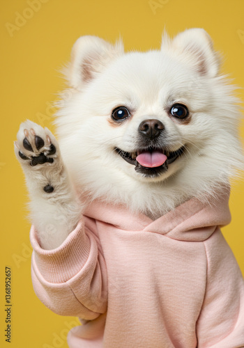 Lulu da Pomerânia sorridente com moletom rosa em fundo amarelo.