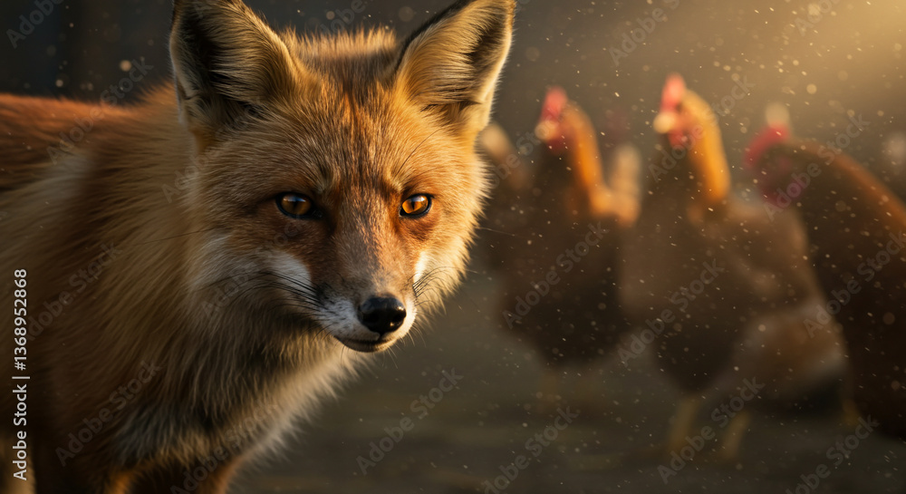 Obraz premium Red fox with chickens in rural scene.