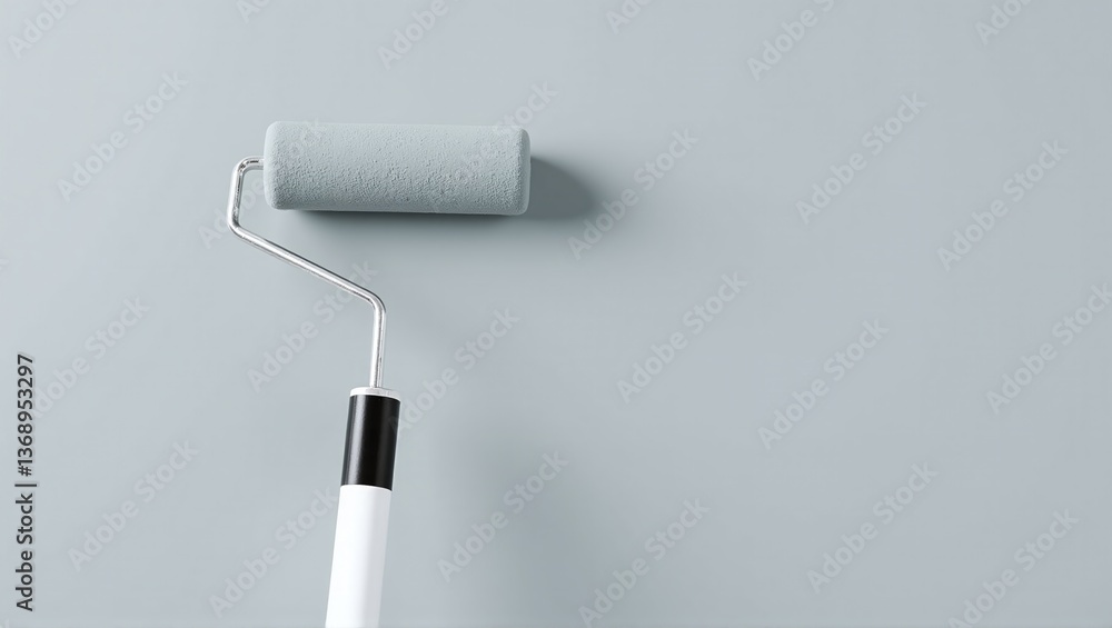 Obraz premium Close-up of paint roller applying fresh color to gray surface, showcasing home improvement and renovation process in action.