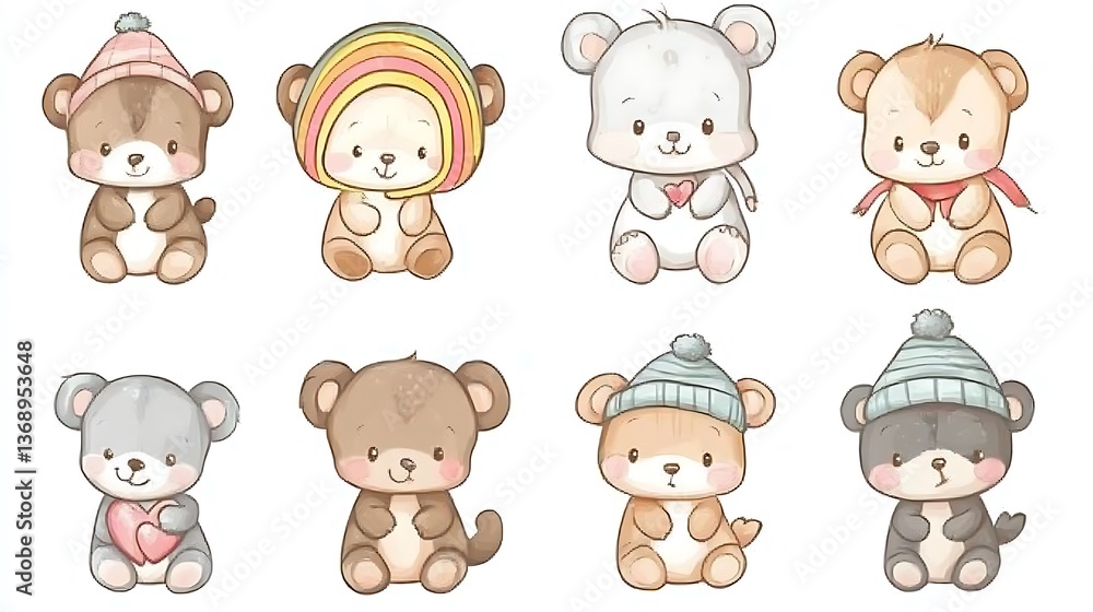 Fototapeta premium design cute animal wear suite with line color style more action in white background isolated on white,clip art ,remain space between border each corner and rainbow and toy and hat and heart 