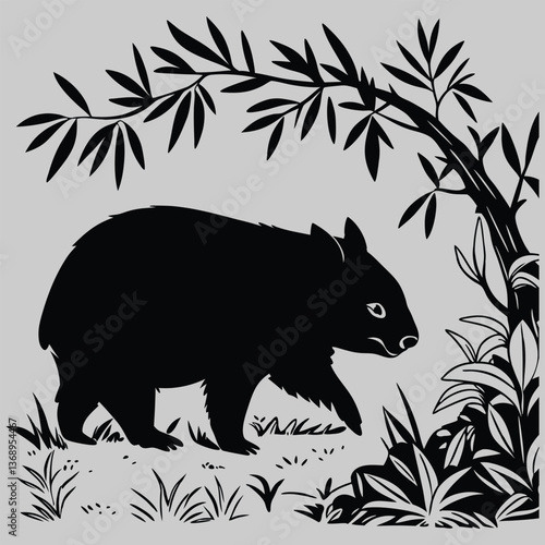 a wombat waddling through the underbrush silhouette vector design art and illustration