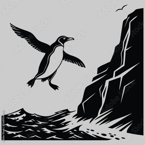 penguin jumping off an iceberg into the sea silhouette vector design art and illustration