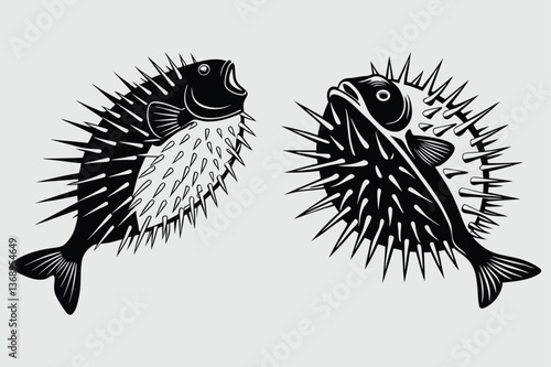 a pufferfish expanding its spiky body silhouette vector design art and illustration