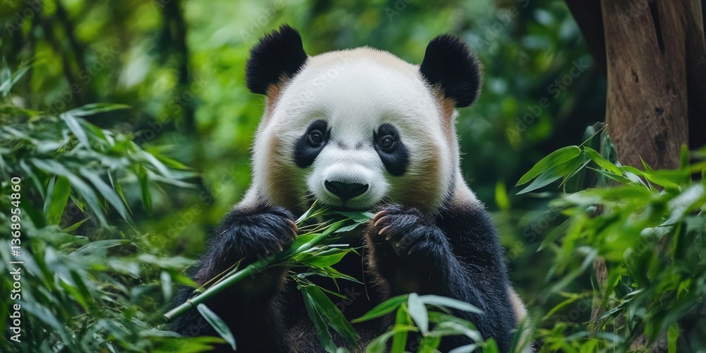 Fototapeta premium A panda bear munching on bamboo shoots in a dense forest