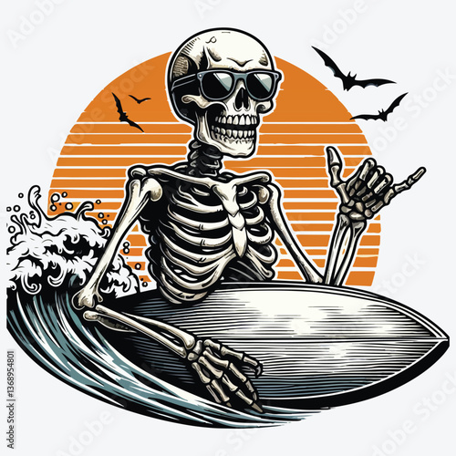 Skeleton with surfboard stock photo
