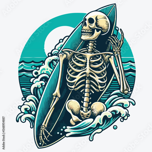 Skeleton with surfboard stock photo